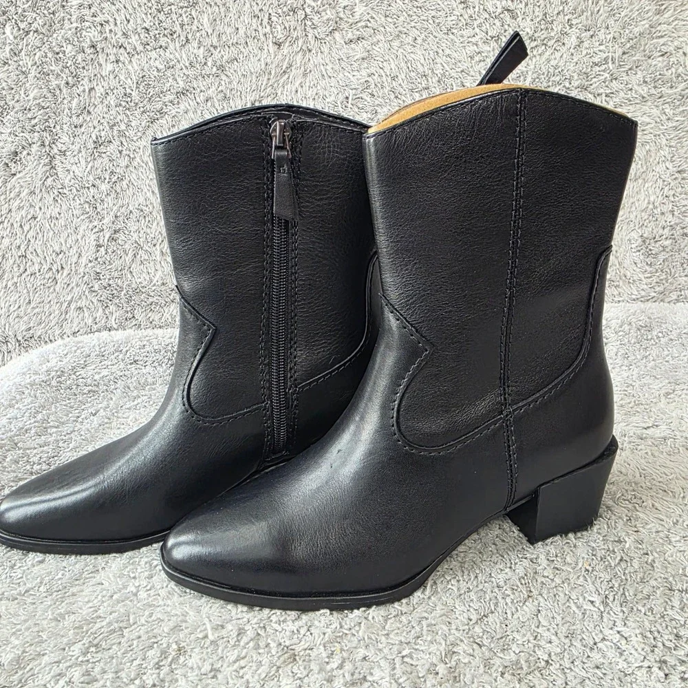 NATURALIZER Womens Black Gaby Almond Toe Block Heel Leather Western Boot 5M NEW‎